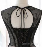 A-Line Tulle With Lace Round Neckline Floor Length Party Dresses Black Prom Dresses Formal Dresses