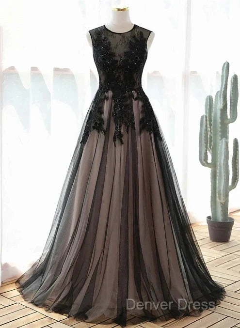 A-Line Tulle With Lace Round Neckline Floor Length Party Dresses Black Prom Dresses Formal Dresses