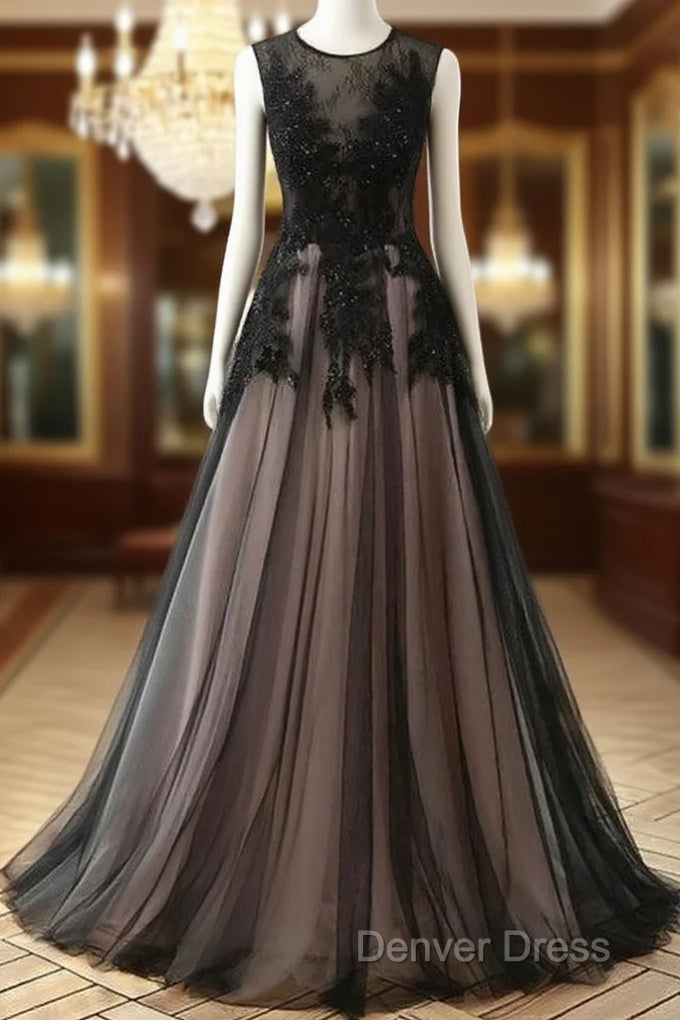 A-Line Tulle With Lace Round Neckline Floor Length Party Dresses Black Prom Dresses Formal Dresses Main image