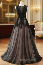 A Line Tulle with Lace Round Neckline Floor Length Prom Dress, Black Prom Dresses