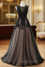A Line Tulle with Lace Round Neckline Floor Length Prom Dress, Black Prom Dresses