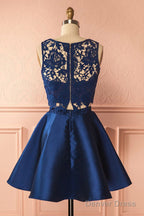 A Line Two Piece Jewel Satin Homecoming Dresses With Lace