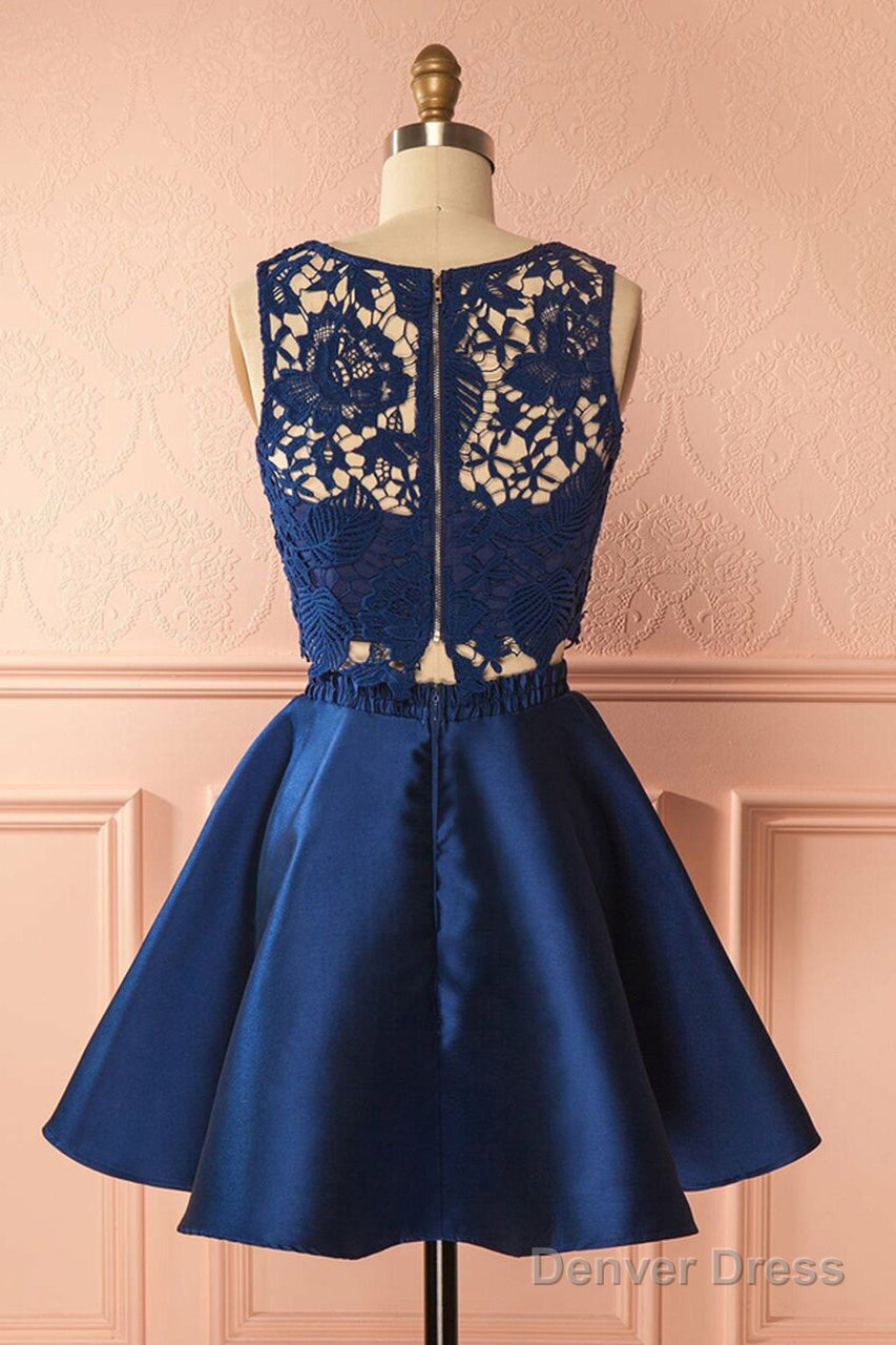 A Line Two Piece Jewel Satin Homecoming Dresses With Lace