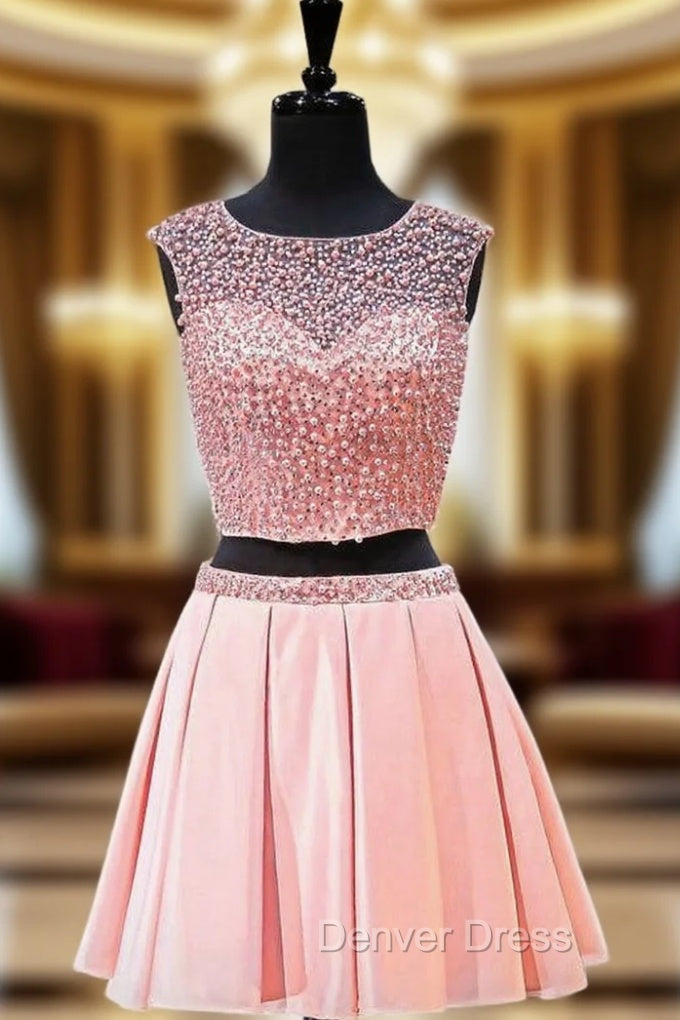 A-line Two Piece Short Pink Backless Short Homecoming Dresses Main image