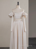 A-Line Two Pieces Satin Champagne Long Prom Dresses, Champagne Formal Dresses