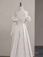 A-Line Two Pieces Satin Champagne Long Prom Dresses, Champagne Formal Dresses