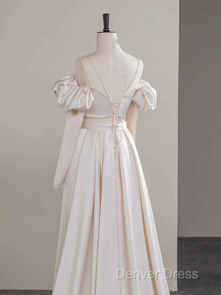 A-Line Two Pieces Satin Champagne Long Prom Dresses, Champagne Formal Dresses