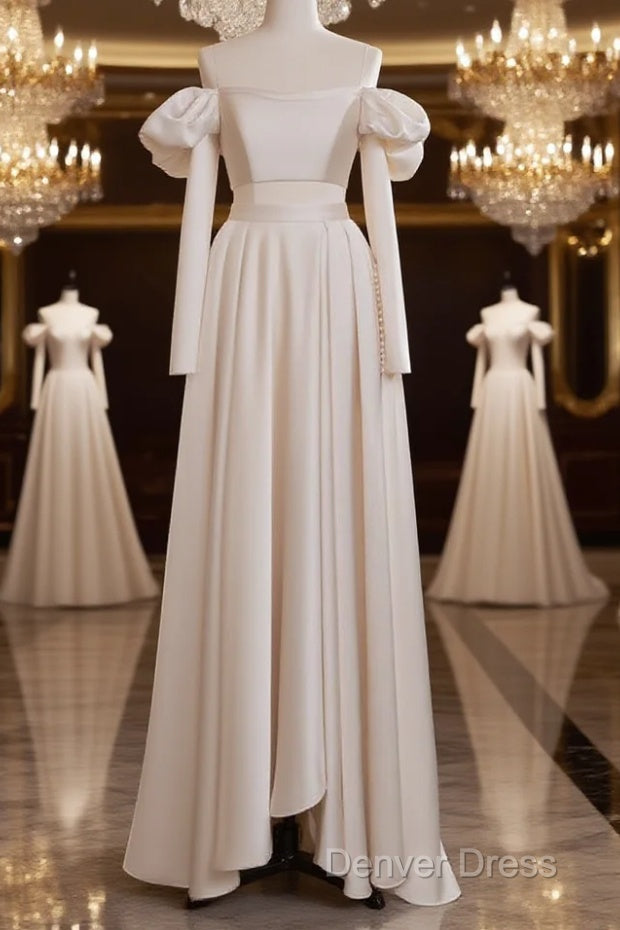 A-Line Two Pieces Satin Champagne Long Prom Dresses, Champagne Formal Dresses Main image