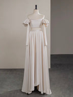 A-Line Two Pieces Satin Champagne Long Prom Dresses, Champagne Long Formal Dresses