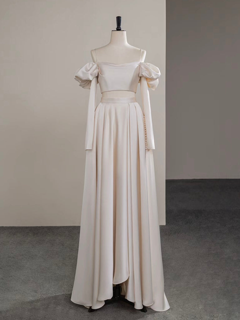 A-Line Two Pieces Satin Champagne Long Prom Dresses, Champagne Long Formal Dresses