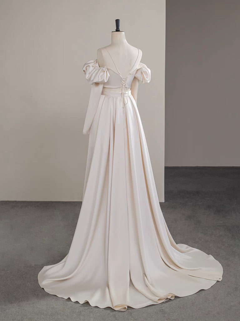 A-Line Two Pieces Satin Champagne Long Prom Dresses, Champagne Long Formal Dresses Secondary image