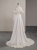 A-Line Two Pieces Satin Champagne Long Prom Dresses, Champagne Long Formal Dresses