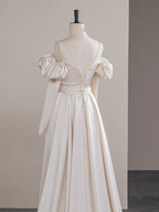 A-Line Two Pieces Satin Champagne Long Prom Dresses, Champagne Long Formal Dresses