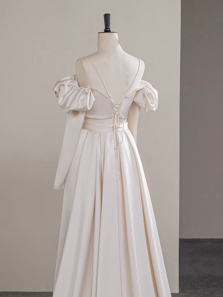 A-Line Two Pieces Satin Champagne Long Prom Dresses, Champagne Long Formal Dresses