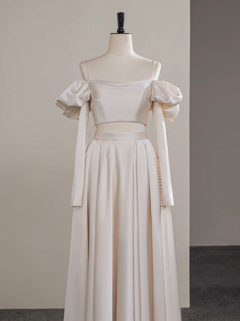 A-Line Two Pieces Satin Champagne Long Prom Dresses, Champagne Long Formal Dresses