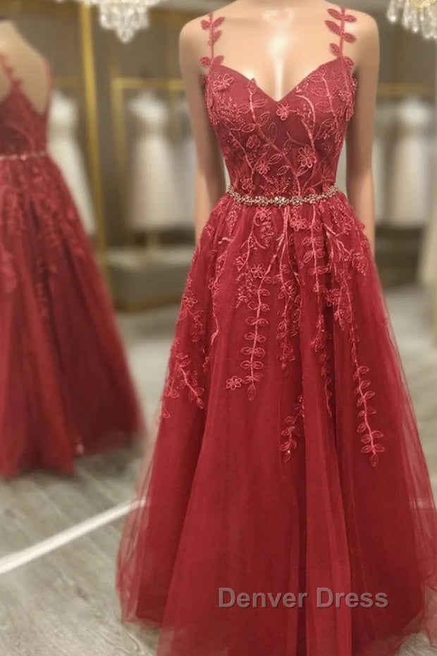 A Line V Neck and V Back Burgundy Lace Floral Long Prom Dresses, Burgundy Lace Formal Evening Dresses Main image
