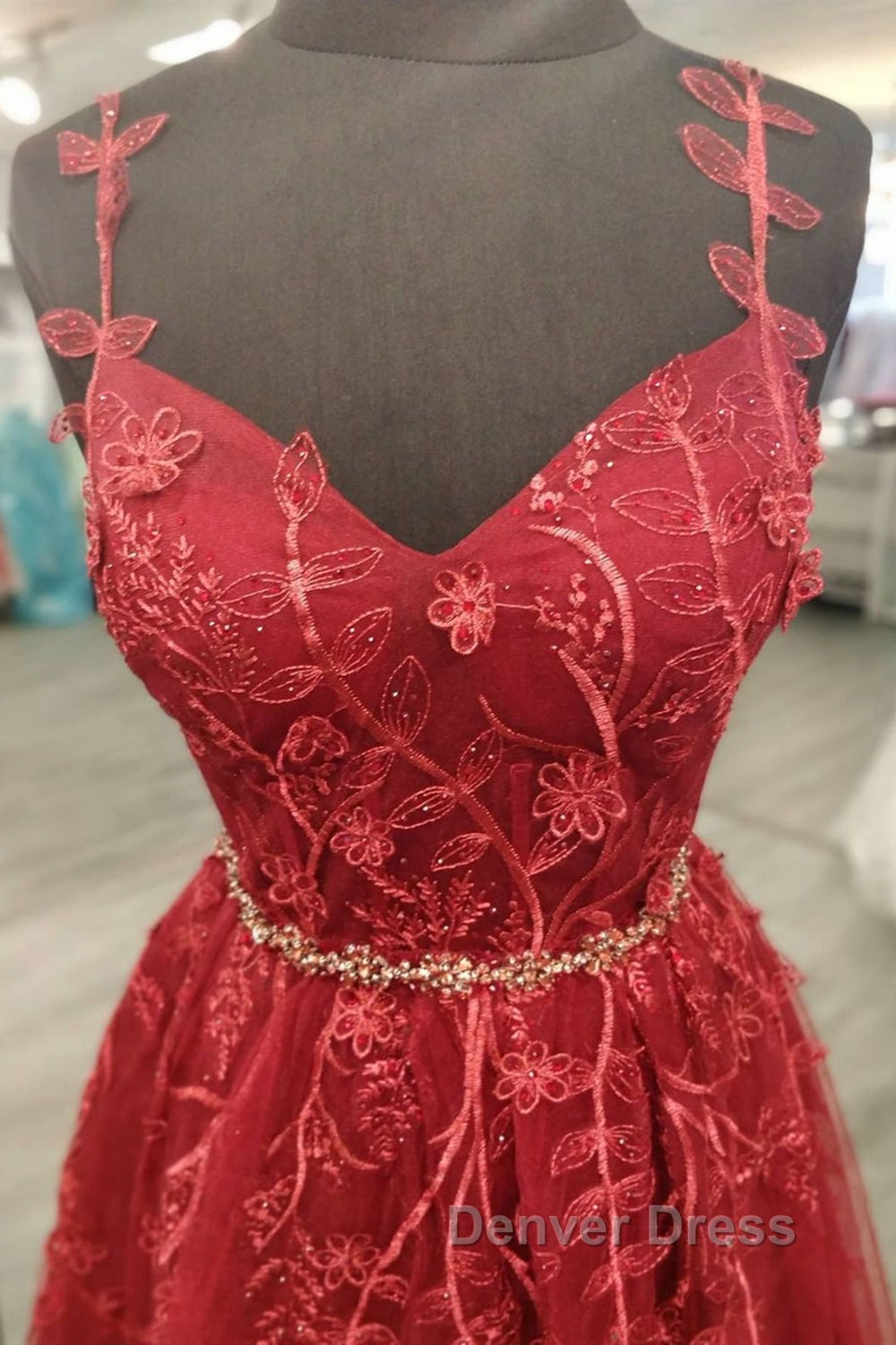 A Line V Neck and V Back Burgundy Lace Floral Long Prom Dresses, Burgundy Lace Formal Evening Dresses