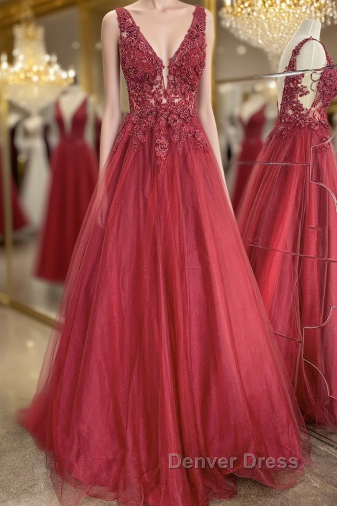 A Line V Neck and V Back Red Lace Floral Long Prom Dress, Open Back 3D Flowers Red Lace Prom Dresses