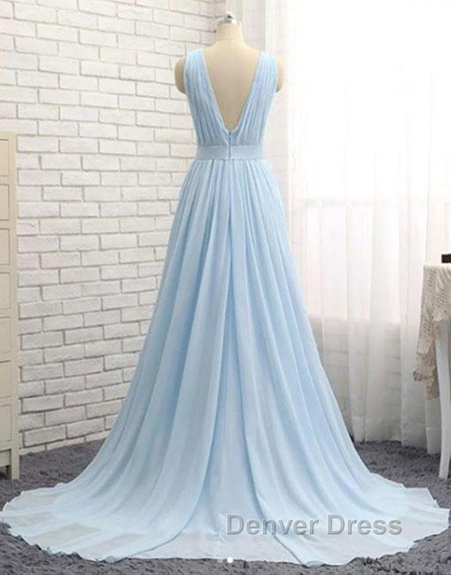 A Line V Neck and V Back Sky Blue Chiffon Long Prom Dress, V Neck Blue Prom Dress, Blue Prom Dresses Secondary image