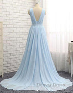 A Line V Neck and V Back Sky Blue Chiffon Long Prom Dress, V Neck Blue Prom Dress, Blue Prom Dresses