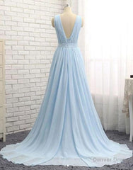 A Line V Neck and V Back Sky Blue Chiffon Long Prom Dresses, V Neck Blue Formal Dresses, Blue Evening Dresses