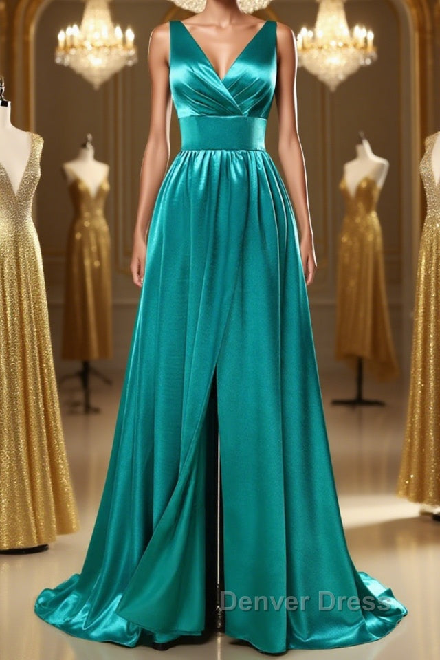 A Line V Neck and V Back Turquoise Long Prom Dresses with Slit, Turquoise Formal Graduation Evening Dresses Main image