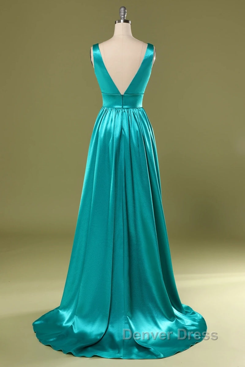 A Line V Neck and V Back Turquoise Long Prom Dresses with Slit, Turquoise Formal Graduation Evening Dresses
