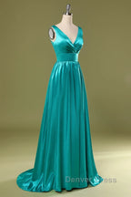 A Line V Neck and V Back Turquoise Long Prom Dresses with Slit, Turquoise Formal Graduation Evening Dresses