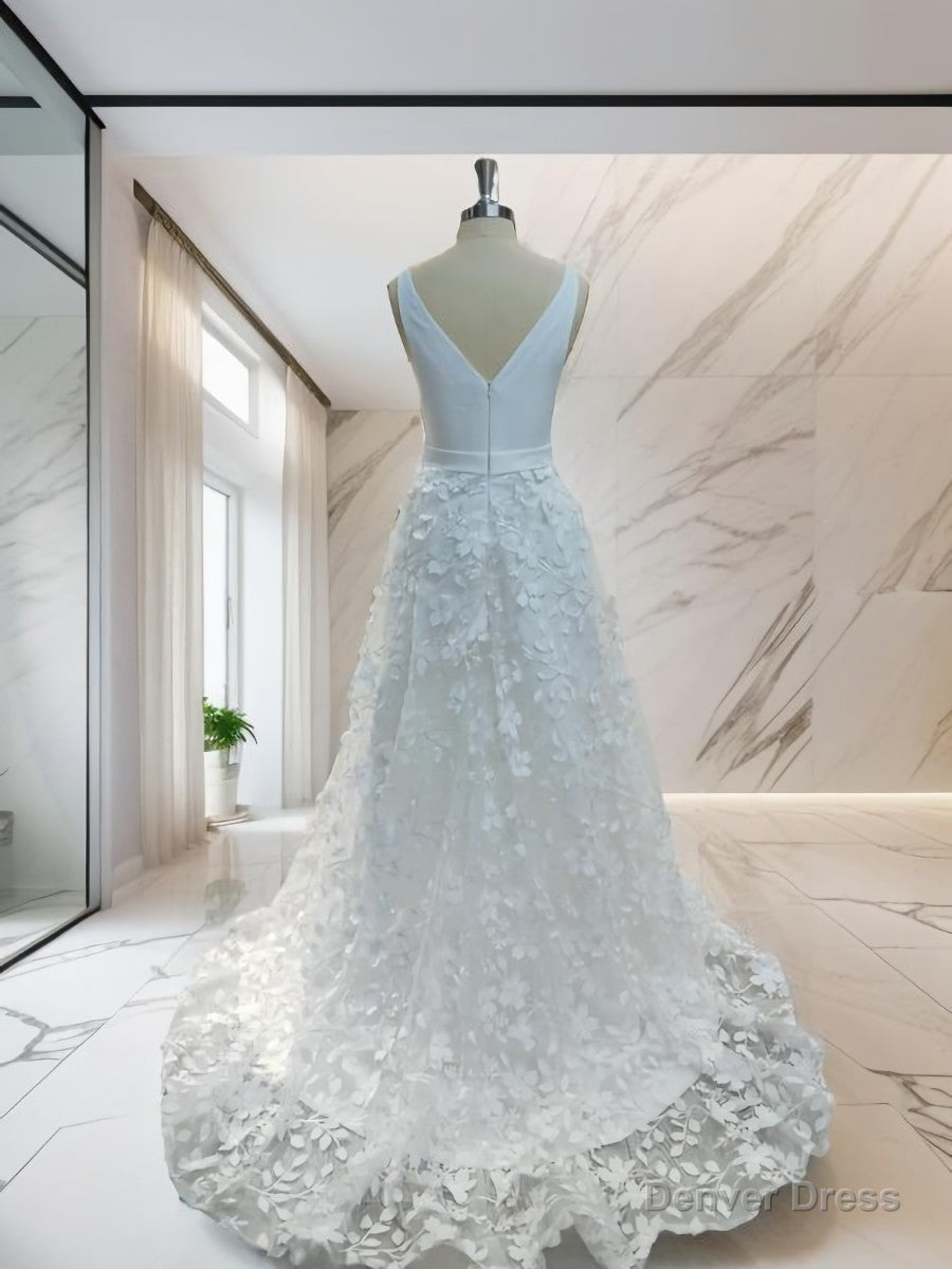 A-line V-neck Applique Sweep Train Stretch Crepe Wedding Dress Secondary image