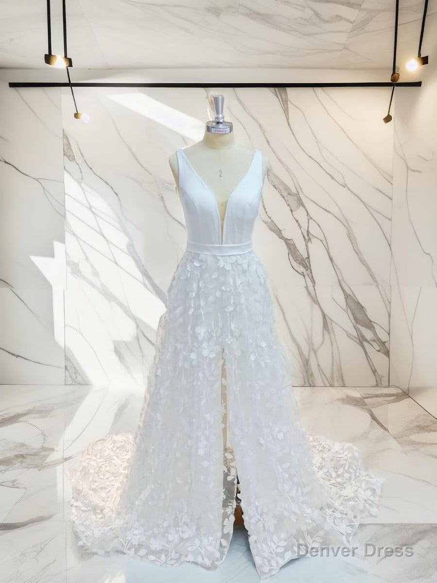 A Line V Neck Applique Sweep Train Stretch Crepe Wedding Dresses