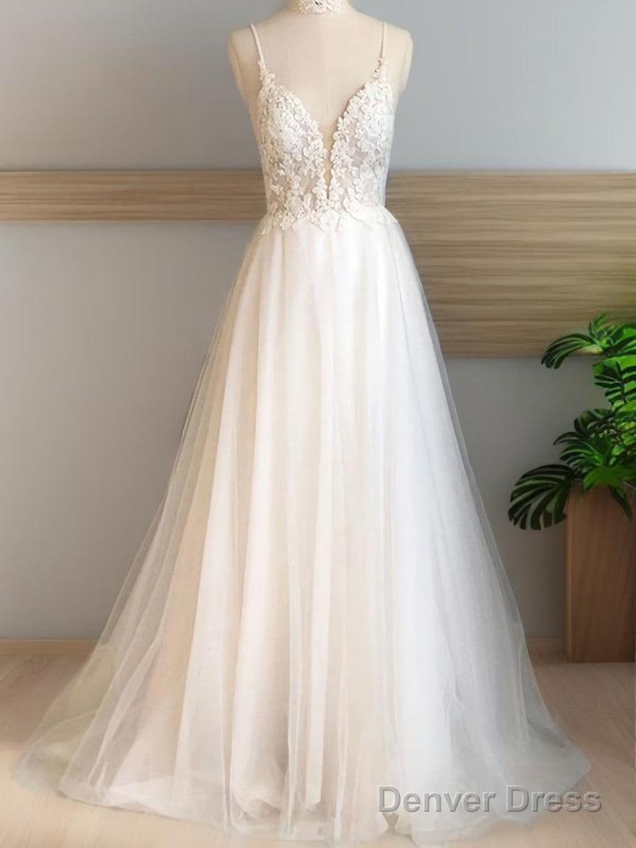 A-Line V-Neck Applique Sweep Train Tulle Wedding Dresses