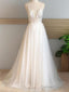 A-Line V-Neck Applique Sweep Train Tulle Wedding Dresses