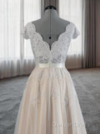 A-Line V-Neck Appliques Lace Floor-Length Lace Wedding Dresses
