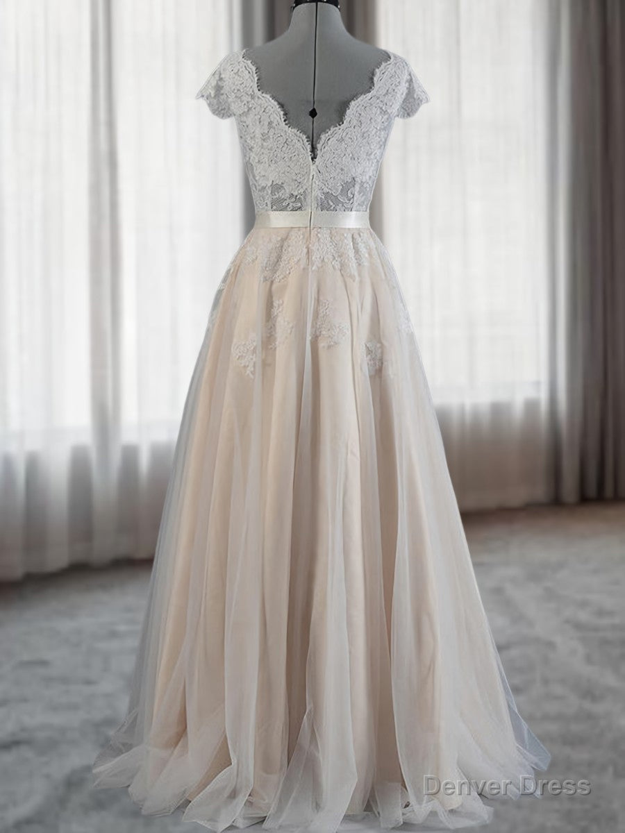 A Line V Neck Appliques Lace Floor Length Lace Wedding Dresses Secondary image