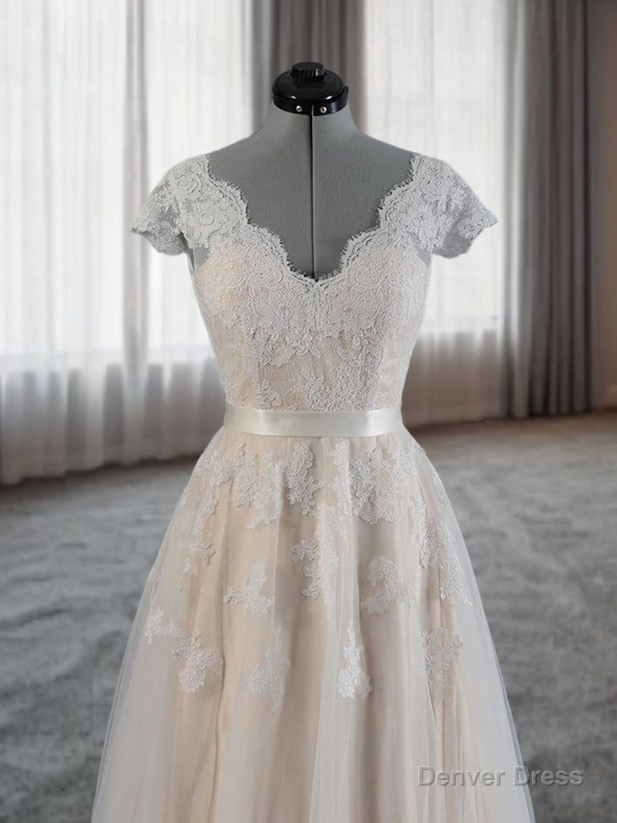 A Line V Neck Appliques Lace Floor Length Lace Wedding Dresses