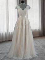 A Line V Neck Appliques Lace Floor Length Lace Wedding Dresses