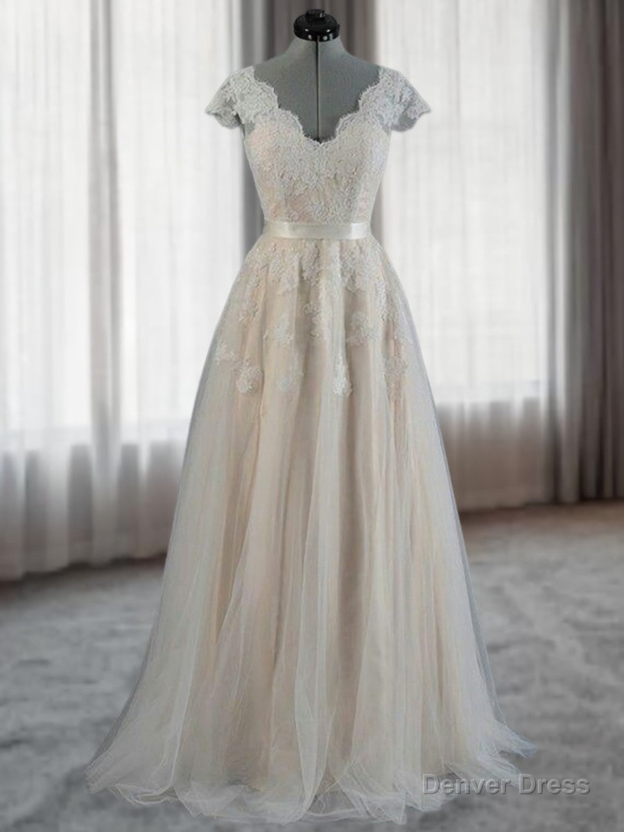 A Line V Neck Appliques Lace Floor Length Lace Wedding Dresses