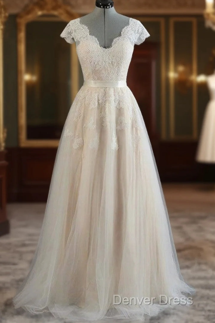 A-Line V-Neck Appliques Lace Floor-Length Lace Wedding Dresses Main image