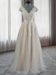 A-Line V-Neck Appliques Lace Floor-Length Lace Wedding Dress