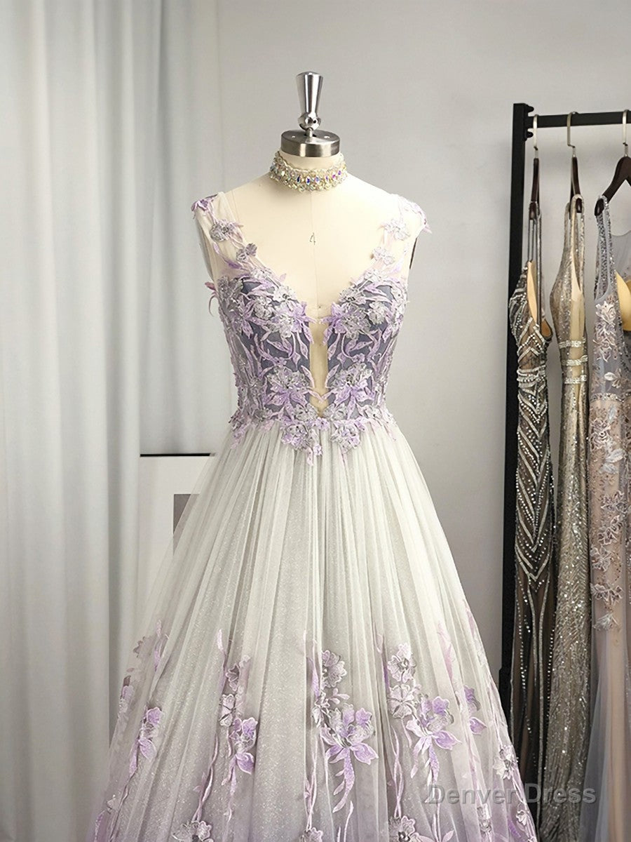 A-line V-neck Appliques Lace Floor-Length Tulle Dress