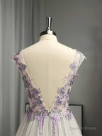 A-line V-neck Appliques Lace Floor-Length Tulle Dress