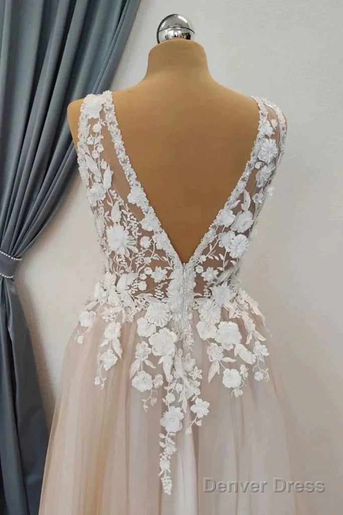 A Line V Neck Appliques White Lace Champagne Prom Dress, Champagne Lace Formal Graduation Evening Dress Secondary image