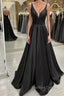 A Line V Neck Backless Black Long Prom Dress, V Neck Black Prom Dress, Backless Black Prom Dresses