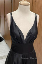 A Line V Neck Backless Black Long Prom Dress, V Neck Black Prom Dress, Backless Black Prom Dresses