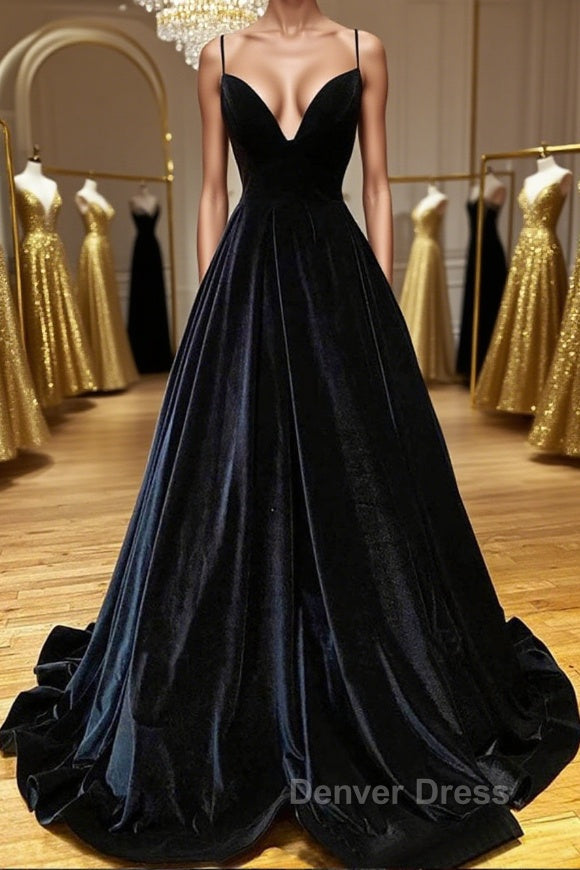 A Line V Neck Backless Black Velvet Long Prom Dress, V Neck Black Prom Dress, Black Velvet Prom Dresses Main image