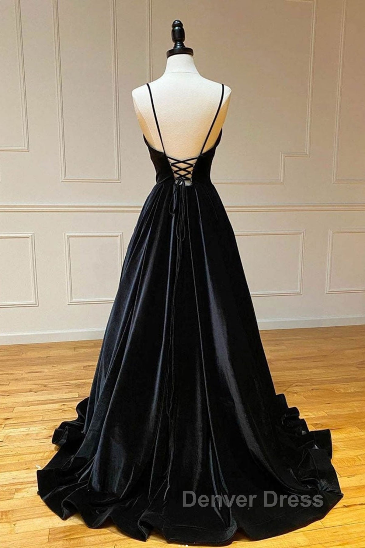 A Line V Neck Backless Black Velvet Long Prom Dress, V Neck Black Prom Dress, Black Velvet Prom Dresses
