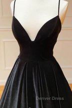 A Line V Neck Backless Black Velvet Long Prom Dress, V Neck Black Prom Dress, Black Velvet Prom Dresses
