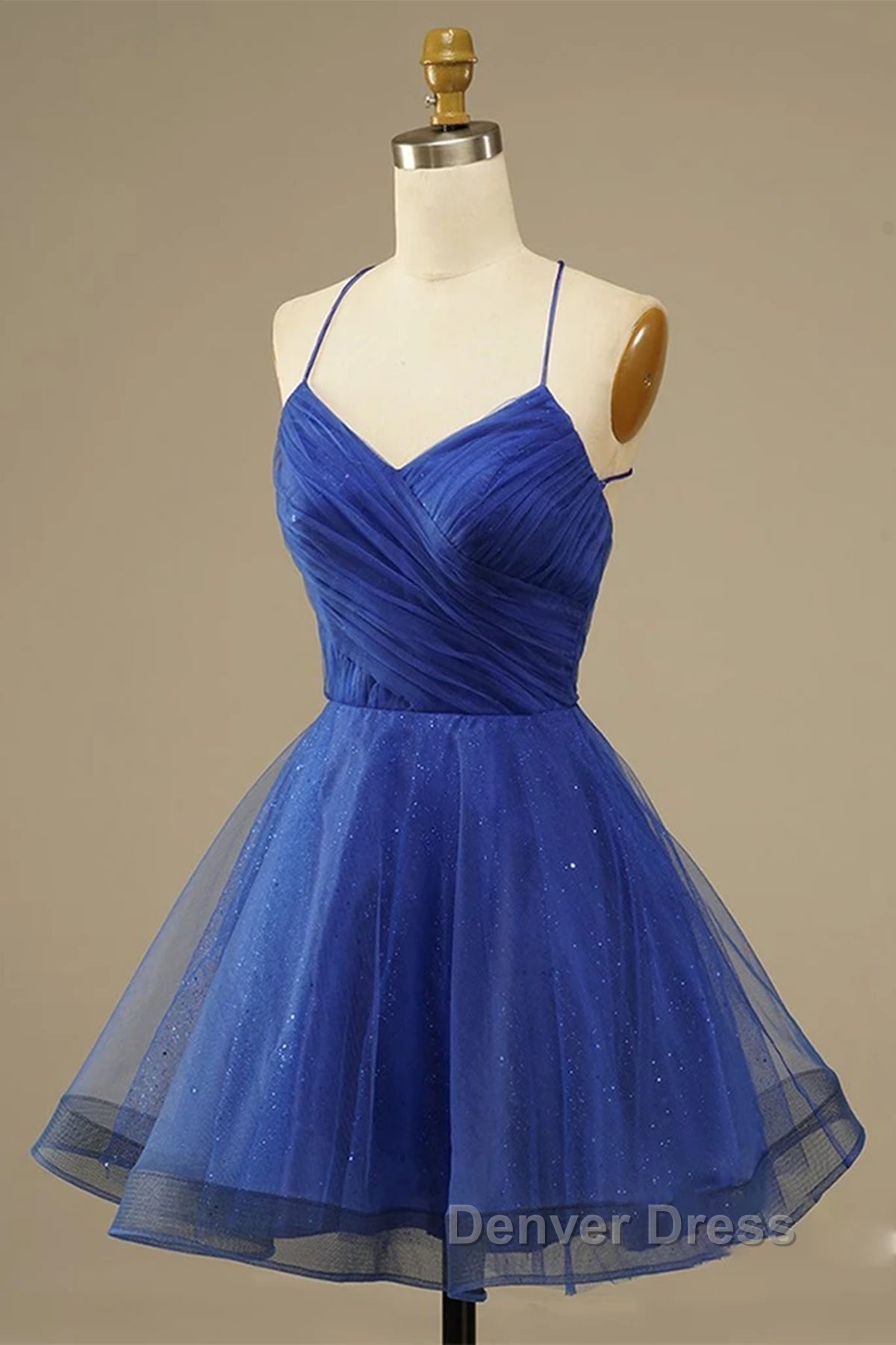 A Line V Neck Backless Blue Tulle Prom Dress, Backless Blue Homecoming Dress, Short Blue Prom Dresses