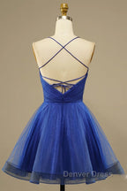 A Line V Neck Backless Blue Tulle Prom Dress, Backless Blue Homecoming Dress, Short Blue Prom Dresses