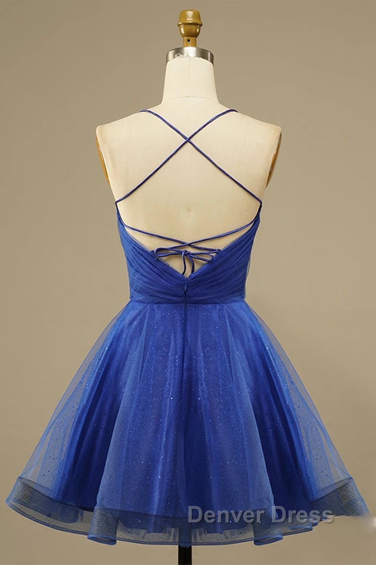 A Line V Neck Backless Blue Tulle Prom Dress, Backless Blue Homecoming Dress, Short Blue Prom Dresses
